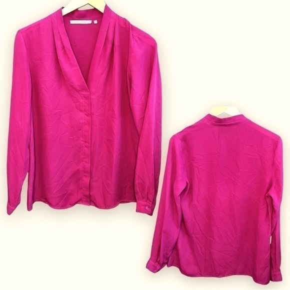 Violet and Claie Magenta Pleated Button Up V-Neck Blouse, Size Medium - Picture 1 of 5